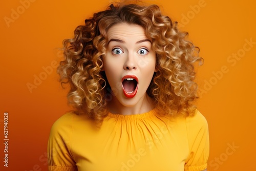 Screaming young woman with long hair doing surprise gesture isolated on a yellow orange background. Success, promotion and achievement concept. Idea for marketing or sales. © radekcho