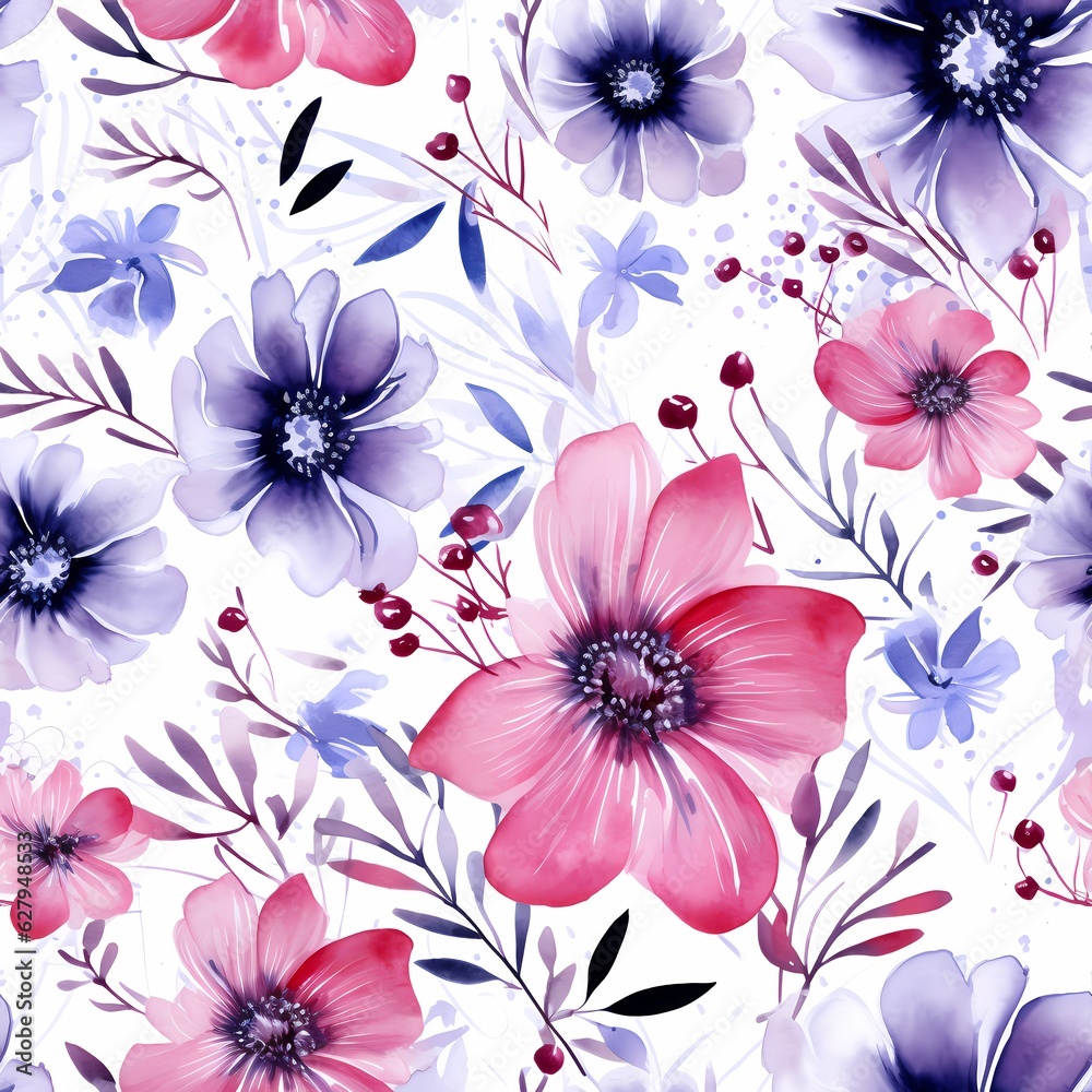 flower doodles in purple flowers watercolour on white background