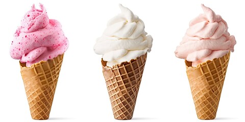 Freshly scooped ice cream on cones isolated on white background