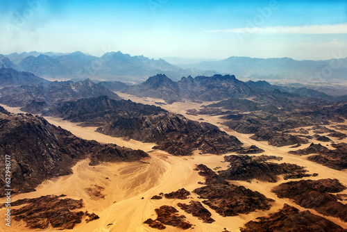 aerial view landscape mountains peaks in desert Horeb mountains in Egypt on Sinai Peninsula