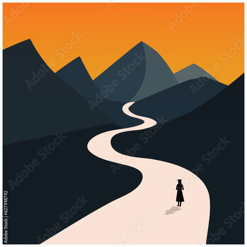 graduation woman silhouette, path way road, mystery to success career, sunset landscape background