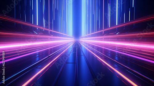 Abstract futuristic neon background with glowing ascending lines. Generative AI