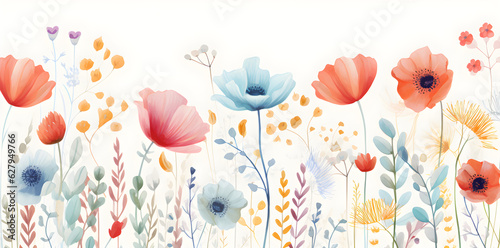 colourful watercolour floral background of flowers on white background for wedding stationary invitations, greetings, wallpapers, fashion, prints