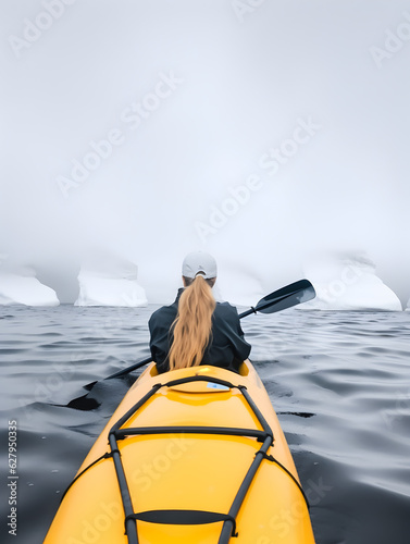 Rear view of woman kayaking at Antarctica