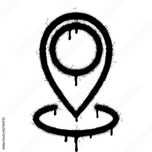 Spray Painted Graffiti Map pointer icon Sprayed isolated with a white background. graffiti GPS location symbol with over spray in black over white.