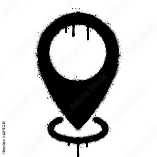 Spray Painted Graffiti Map pointer icon Sprayed isolated with a white background. graffiti GPS location symbol with over spray in black over white.