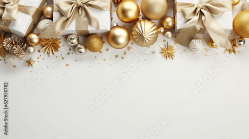 Christmas white background with gifts and decorations., flat lay, copy space. AI