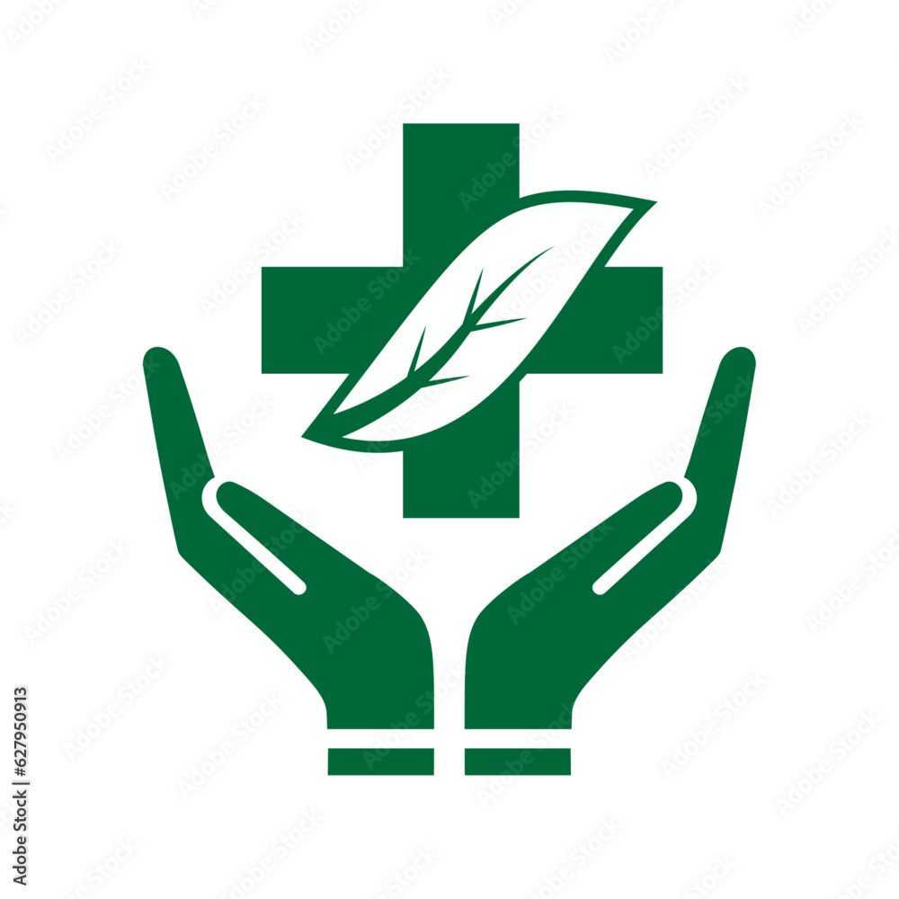 Medical care, healthcare, treatment service, natural, diagnostic centre, stethoscope leaf, plus and hands icon combination vector logo design. Medical care, healthcare, treatment service, natural, diagnostic centre, stethoscope leaf, plus and hands icon combination vector logo design.