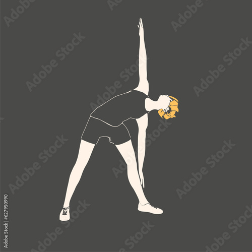 Young female workout. Sport girl doing stretching exercise. Casual sportwear - t-shirt, breeches and sneakers. Young woman wearing workout clothes. Sport fashion girl outline in urban casual style.