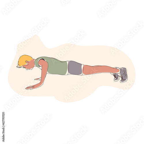Young male workout. Sport man doing push up exercise. Casual sportwear - t-shirt, breeches and sneakers. Young man wearing workout clothes. Sport fashion boy outline in urban casual style.