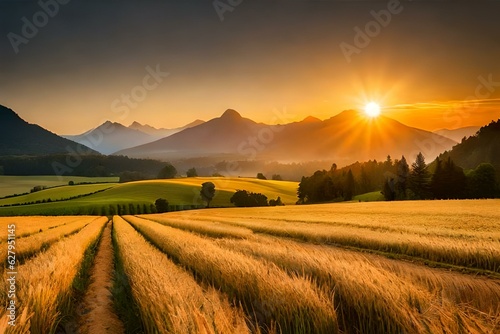 Bathed in the soft, golden light of dawn, a field of wheat extends its embrace towards majestic mountains in the distance.AI generated
