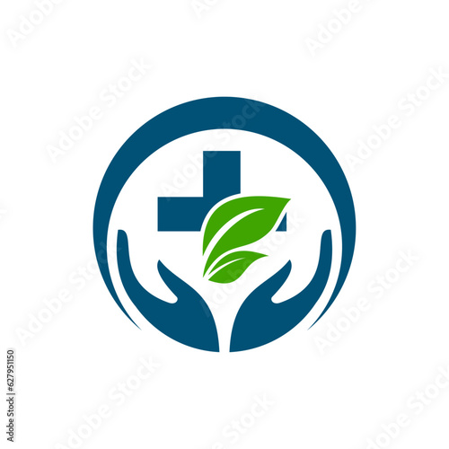 Medical care, healthcare, treatment service, natural, diagnostic centre, stethoscope leaf, plus and hands icon combination vector logo design.
