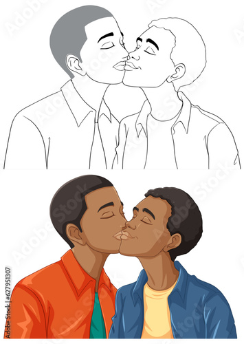 African gay couple cartoon kissing