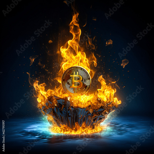 A  bitcoin on fire with yellow flame
