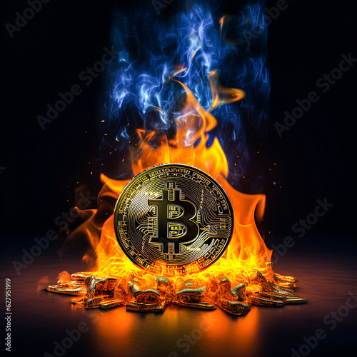 Metallic gold bitcoin symbol with yellow and blue flame burning photo