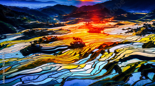 aerial view photo of terraced rice fields in the style of Yuanyang China