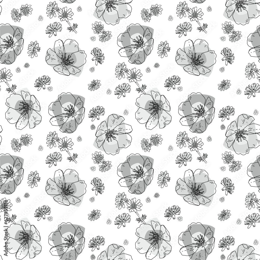 flower hand drawn monochrome vector semaless pattern