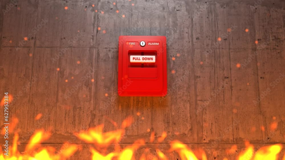 Fire alarm button on concrete wall with flames Fire alarm button on concrete wall with flames