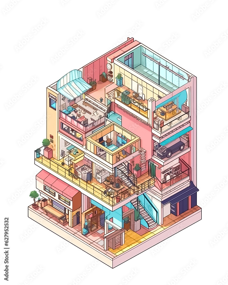 Isometric view of cut section of colorful three floor building ,Generative AI image.