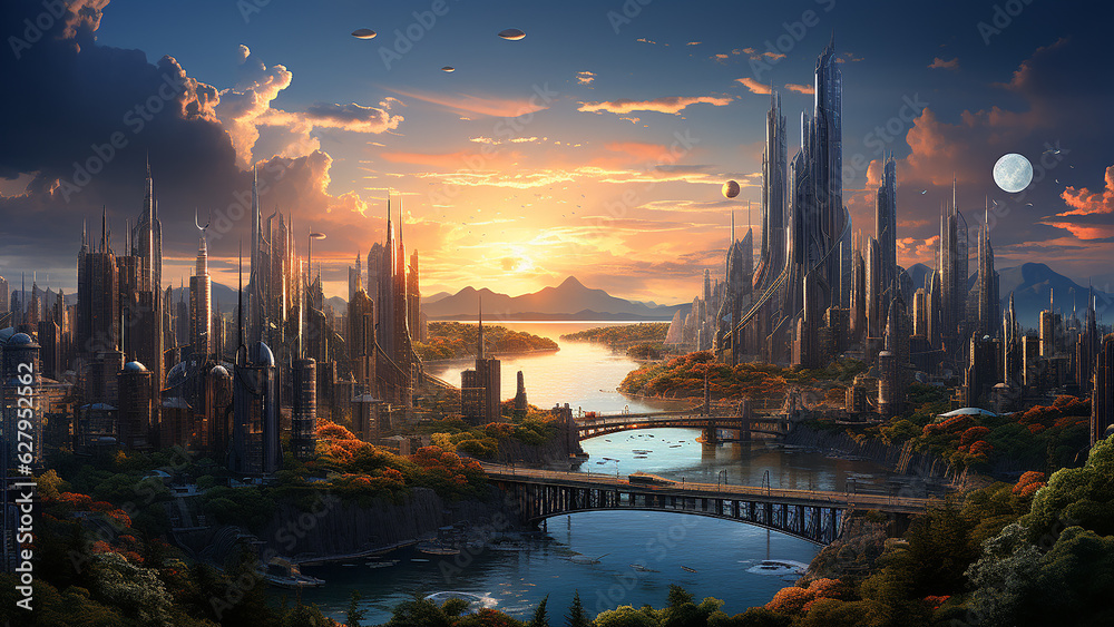 A cityscape of the future, with towering, organically-shaped buildings, interconnected by sky-bridges, against a sunset backdrop. Generative AI