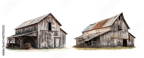 Illustration of two old abandoned wooden barns on white background, Generative AI image.