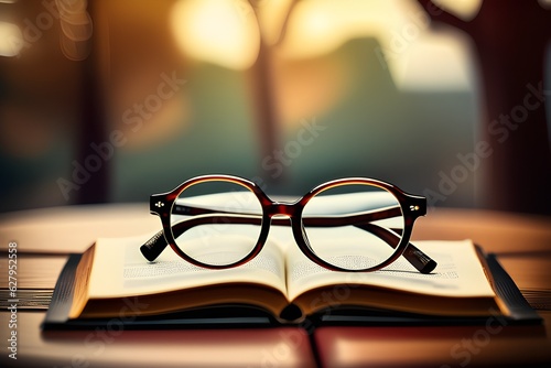 Clarity and Wisdom: A Pair of Eyeglasses Resting on a Book on a Wooden Table. Generative AI