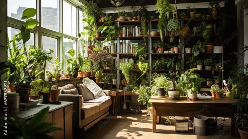 Modern interior with lots of plants. Generative AI