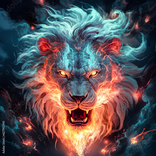 An angry white lion has red eyes and flame