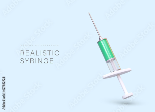 Realistic syringe with green liquid. Accessory for injections. Concept of vaccination services. Color poster on blue background. Place for announcement, date, clinic logo