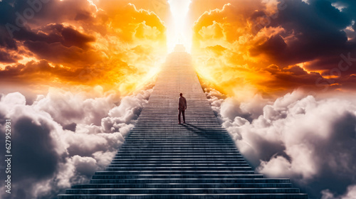 Fotografija A man walking up stairs to heaven