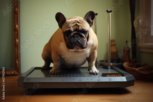 sad fat french bulldog on a weighing scale. Generative AI