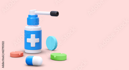 Realistic throat spray, pills. Advertising of popular forms medicines. Health care. Horizontal poster with place for text, logo, date. Pharmacy web concept
