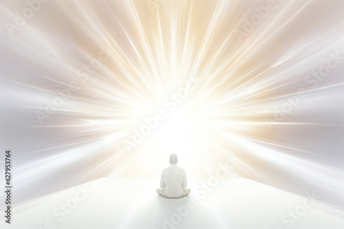 meditation and mindfulness concept: man sitting in lotus pose towards the white light