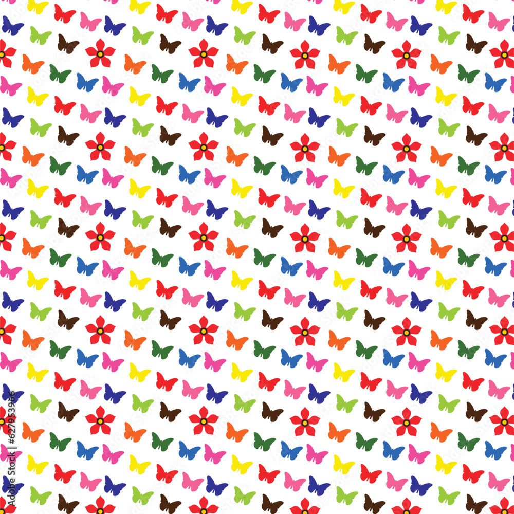 Seamless pattern with colorful butterflies and flowers. Vector illustration.