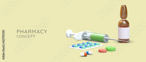 Web poster for pharmacy with place for text. Colorful 3d blister pack with pills, syringe and ampule. Medical collection with green background. Vector illustration