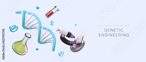 Realistic 3d DNA structure, different flask with liquids and microscope. Concept of genetic engineering. Medical research in professional laboratory. Vector illustration with place for text