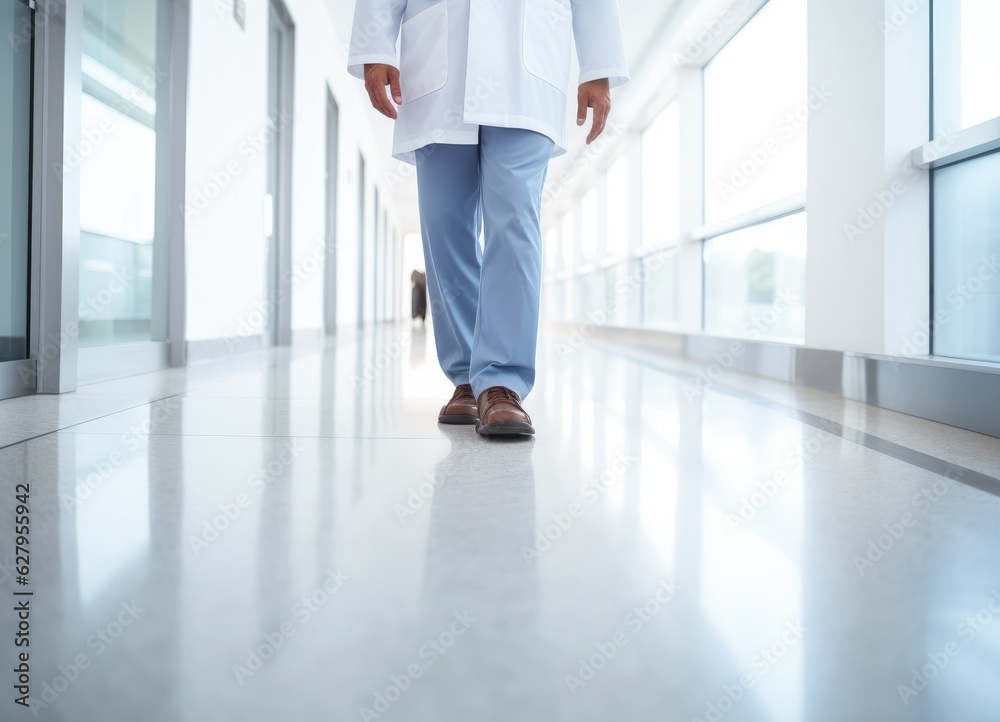 Fototapeta premium A man in a lab coat walking down a hallway. Generative AI.