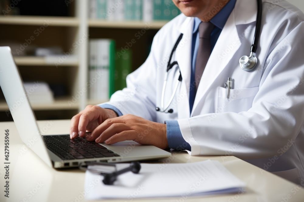 A man in a lab coat is typing on a laptop. Generative AI. A man in a lab coat is typing on a laptop. Generative AI.