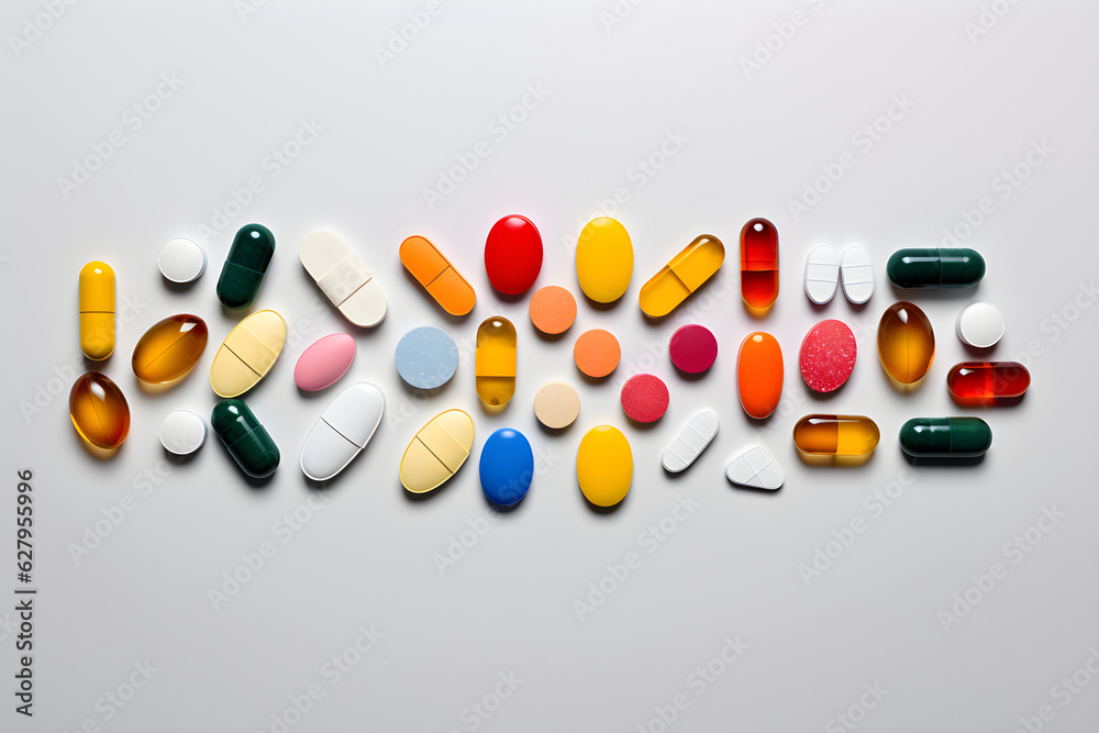 pills and capsules knolling flat lay