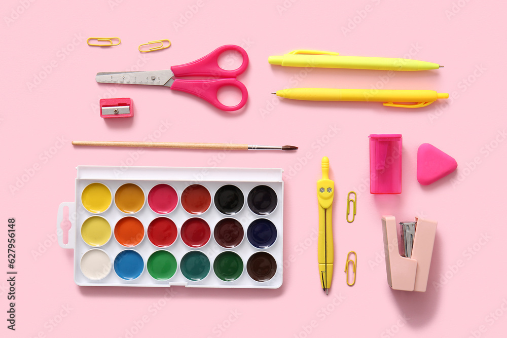 Different school stationery on pink background Different school stationery on pink background