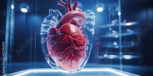 A model of a human heart in a glass case. Generative AI. photo