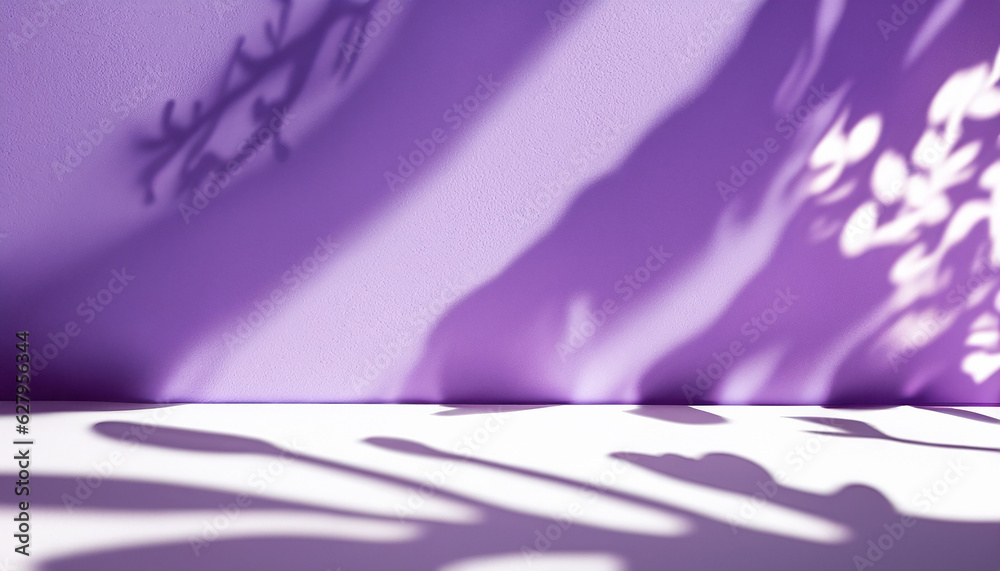Abstract studio light purple background for product presentation. Empty room with shadows of window and flowers and palm leaves. 3d room with copy space. Summer concert. beauty product placement.