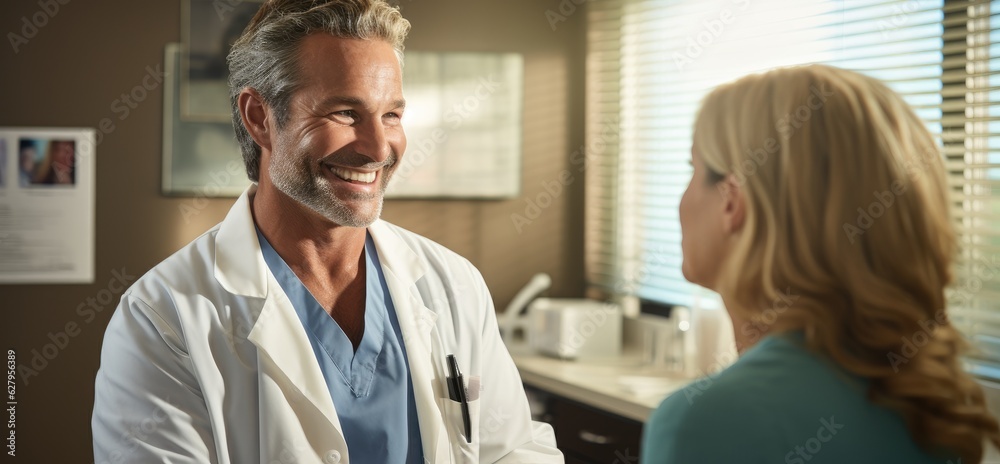 Fototapeta premium A man in a lab coat talking to a woman. Generative AI.