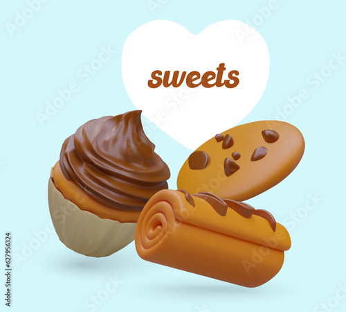 Colorful tasty 3d biscuit, muffin and chocolate roll. Design for sweets shop concept. Web poster for store with place for text. Vector illustration with blue background