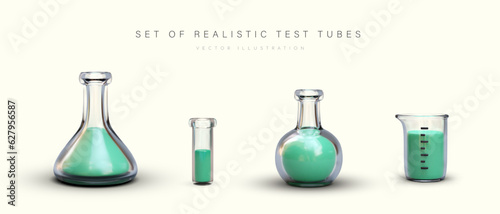 Collection of realistic labware filled with green liquid. Glass test tubes, beakers, flasks of different shapes in vertical position. Isolated vector illustration in cartoon style