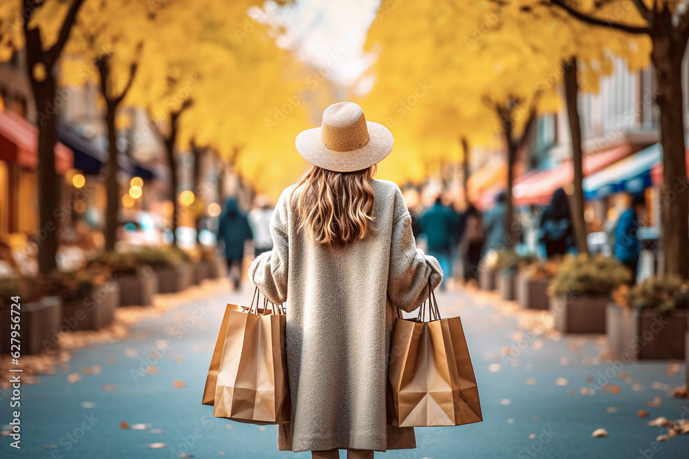 Back view of young woman in hat and coat with shopping bags walking in autumn street. Selective focus. 