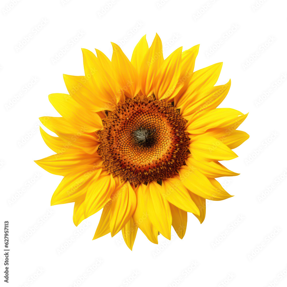 Fototapeta premium Beautiful close-up sunflower in full bloom isolated on transparent background. Png clip art floral element.