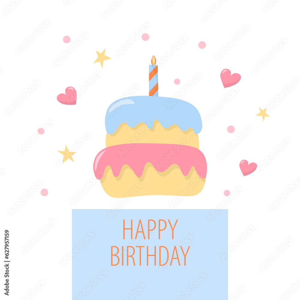Happy birthday vector card. With the image of a cake with a candle. Hand draw style. Happy birthday vector card. With the image of a cake with a candle. Hand draw style.