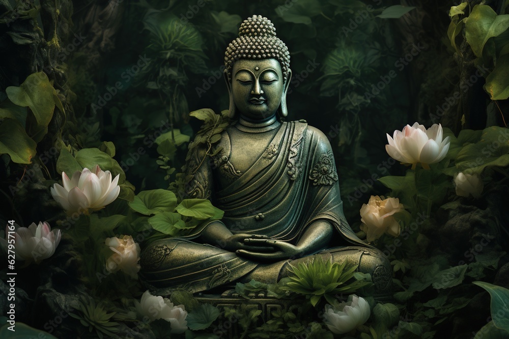 Buddha statue with lotus flower and green leaves background.Generative Ai