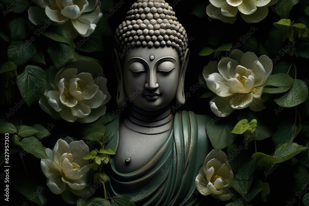 Buddha statue with lotus flower and green leaves background.Generative Ai